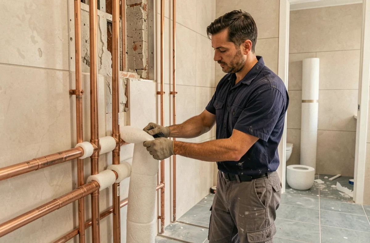 Technicien AAMTS Rénovation posant des manchons isolants sur des canalisations à Nice