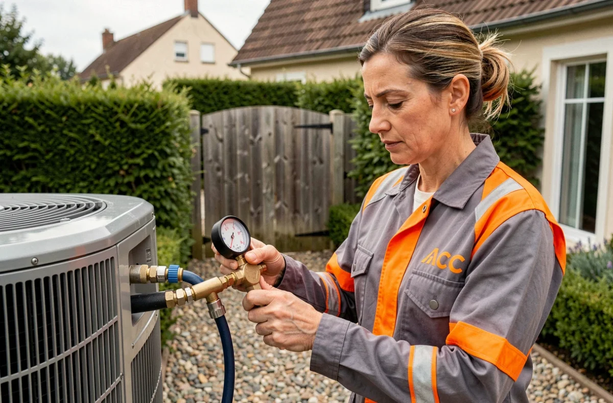 Technicienne AC Clim vérifiant la pression d'un climatiseur sur un condenseur extérieur