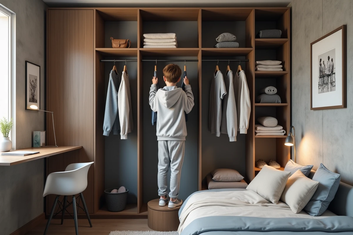 Adolescent rangeant ses vêtements dans un placard mural
