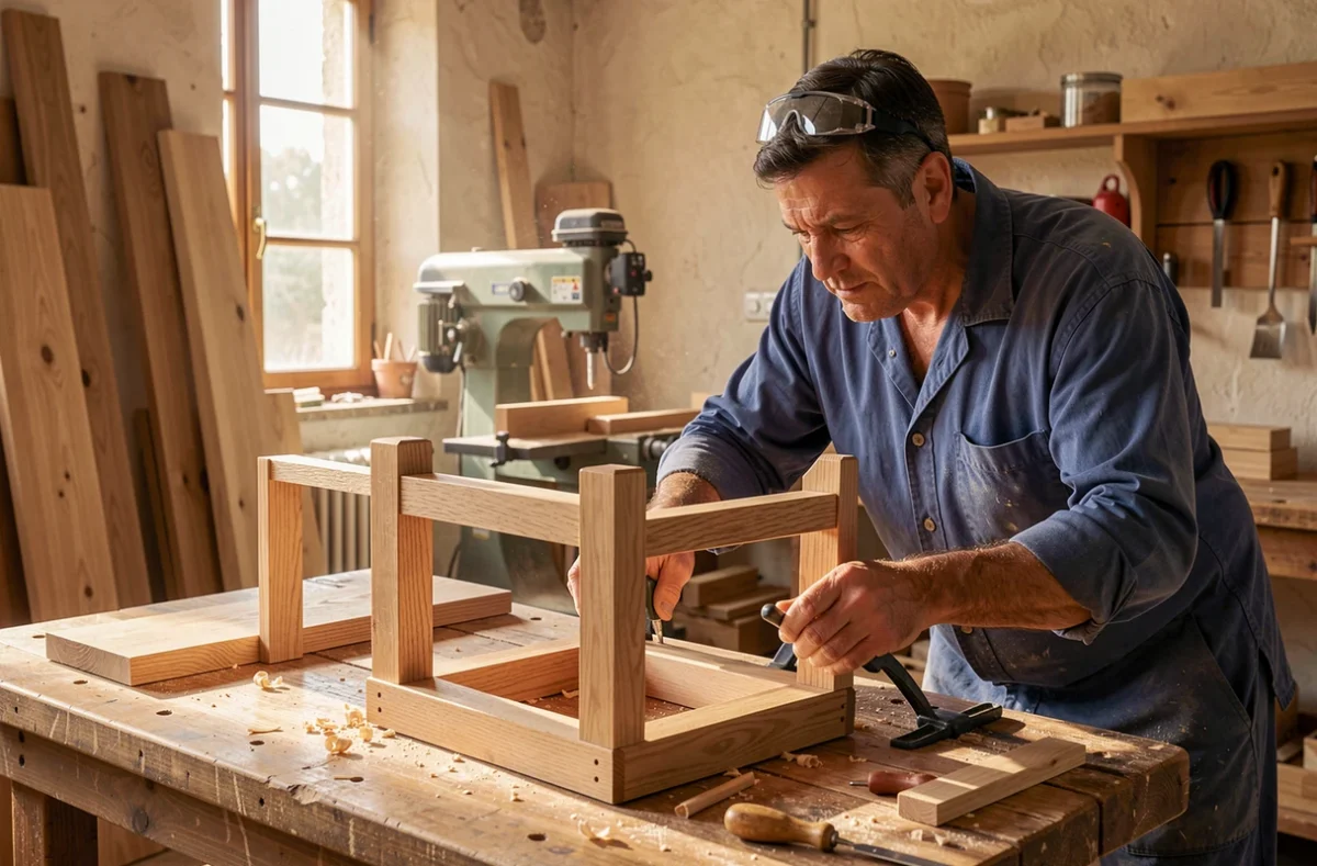 Menuisier Alexy Lauret assemblant une cuisine artisanale en chêne dans son atelier