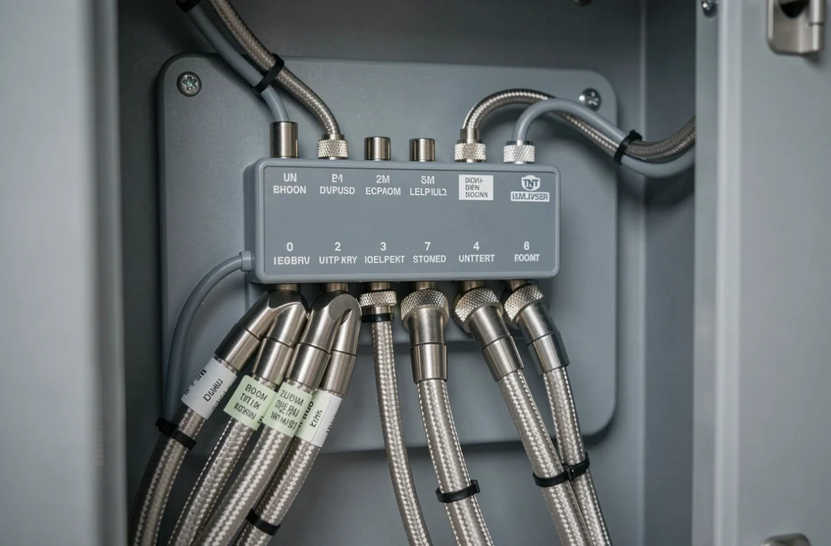 Amplificateur TNT avec câbles coaxiaux multiples organisés dans un coffret technique pour distribution sur plusieurs téléviseurs