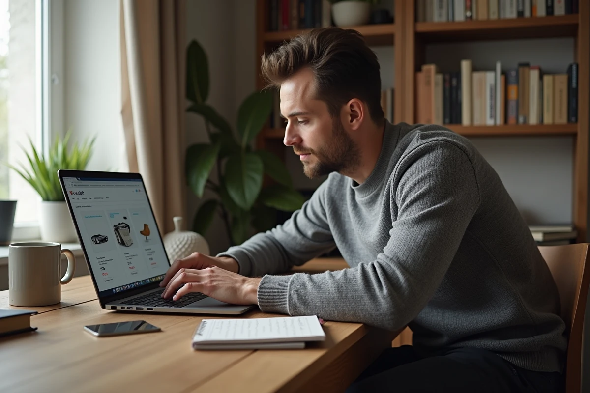Homme comparant des marques en ligne sur un ordinateur portable dans un bureau à domicile, analyse du rapport qualité-prix