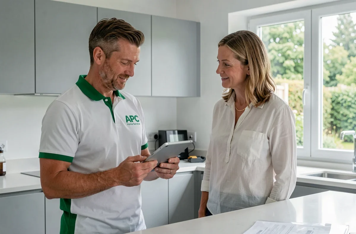 Technicien APC Home Service consultant un client dans une cuisine moderne pour une installation de climatisation