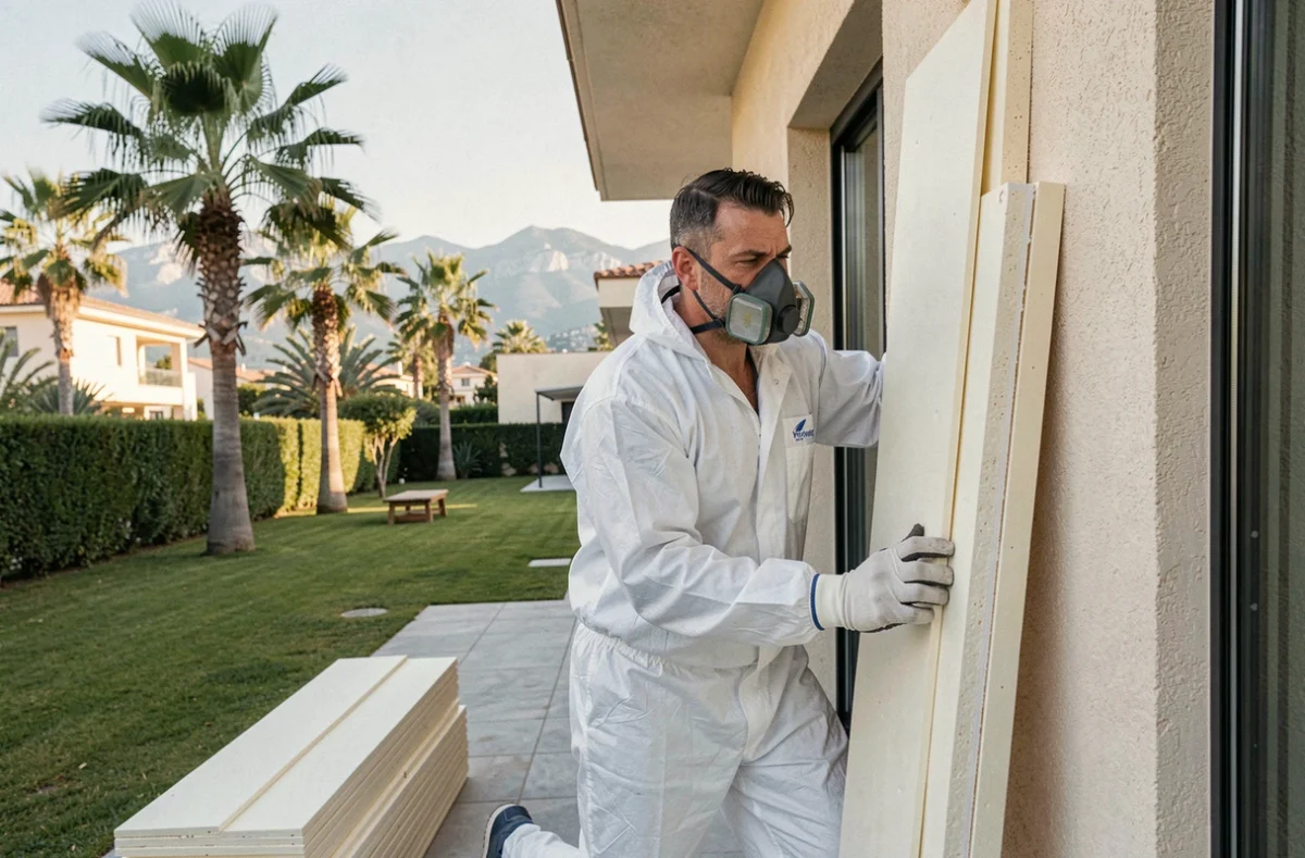Technicien Aptex posant des panneaux isolants sur une villa à Villeneuve-Loubet
