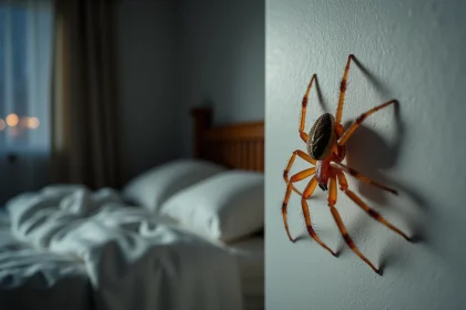 Araignée maison sur un mur de chambre à coucher la nuit en France