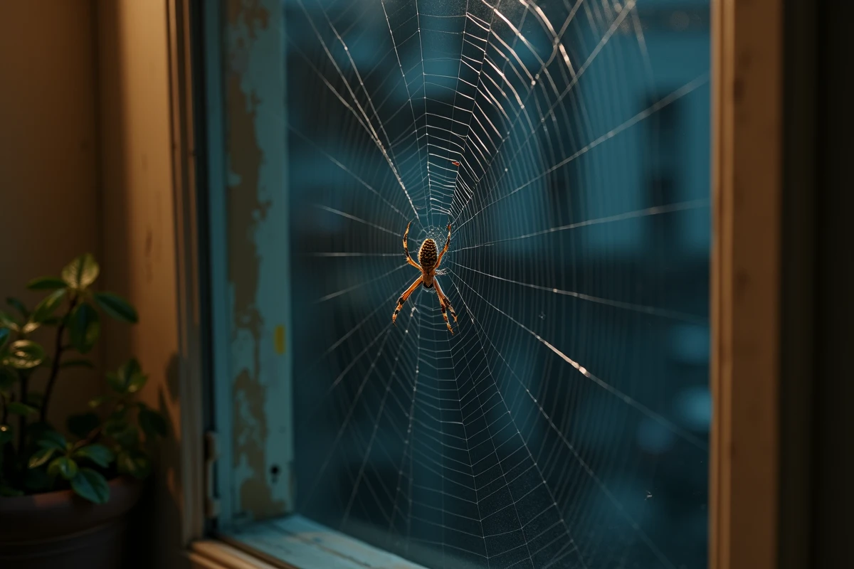 Araignée tissant sa toile dans le coin d'une fenêtre de chambre la nuit