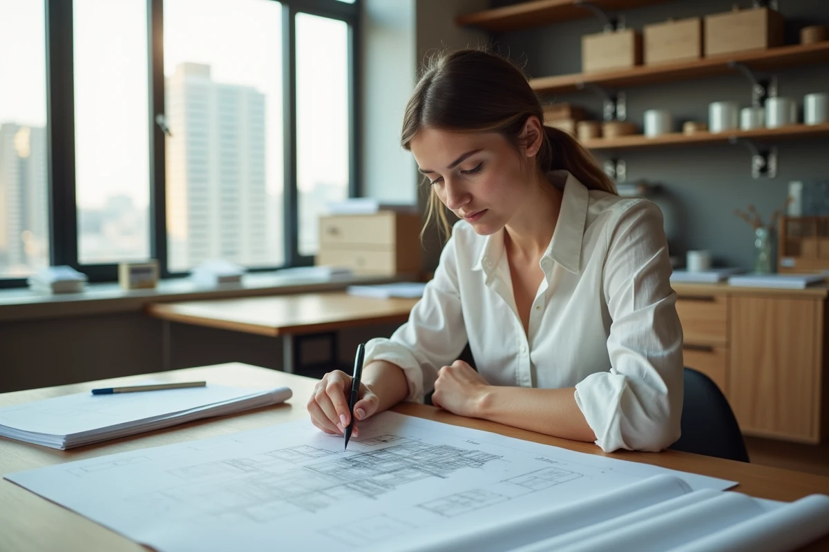 Jeune architecte étudiant des plans dans un bureau lumineux