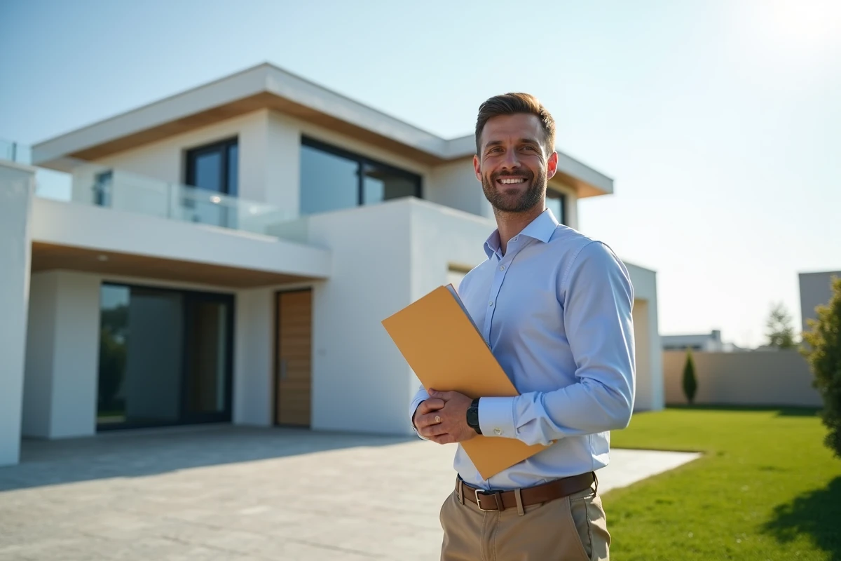 Architecte devant maison moderne avec dossier de plans