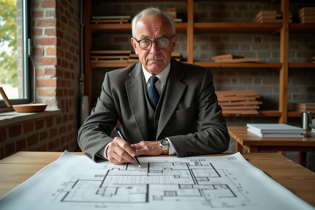Architecte des annees 1930 examinant des plans de maison