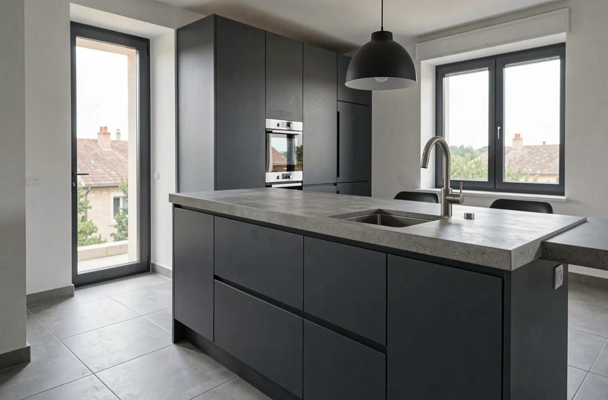 Cuisine design Arthur Bonnet installée dans un appartement de Nîmes avec plan béton et caissons anthracite
