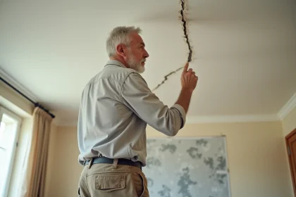 Artisan inspectant une fissure sur un plafond blanc dans un appartement en cours de rénovation