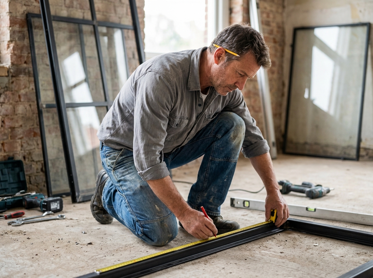 Artisan mesurant un cadre en acier noir pour l'installation d'une verrière industrielle sur un chantier de rénovation