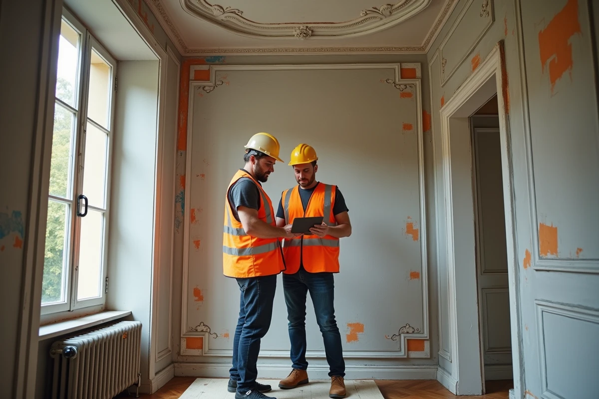 Deux artisans sur un échafaudage intérieur consultant des plans numériques dans un appartement haussmannien en pleine rénovation
