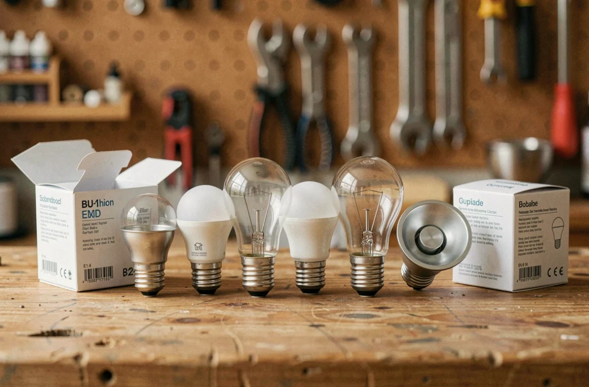 Assortiment d'ampoules LED avec différents types de culots E14 E27 GU10 et B22 posés sur un établi en bois