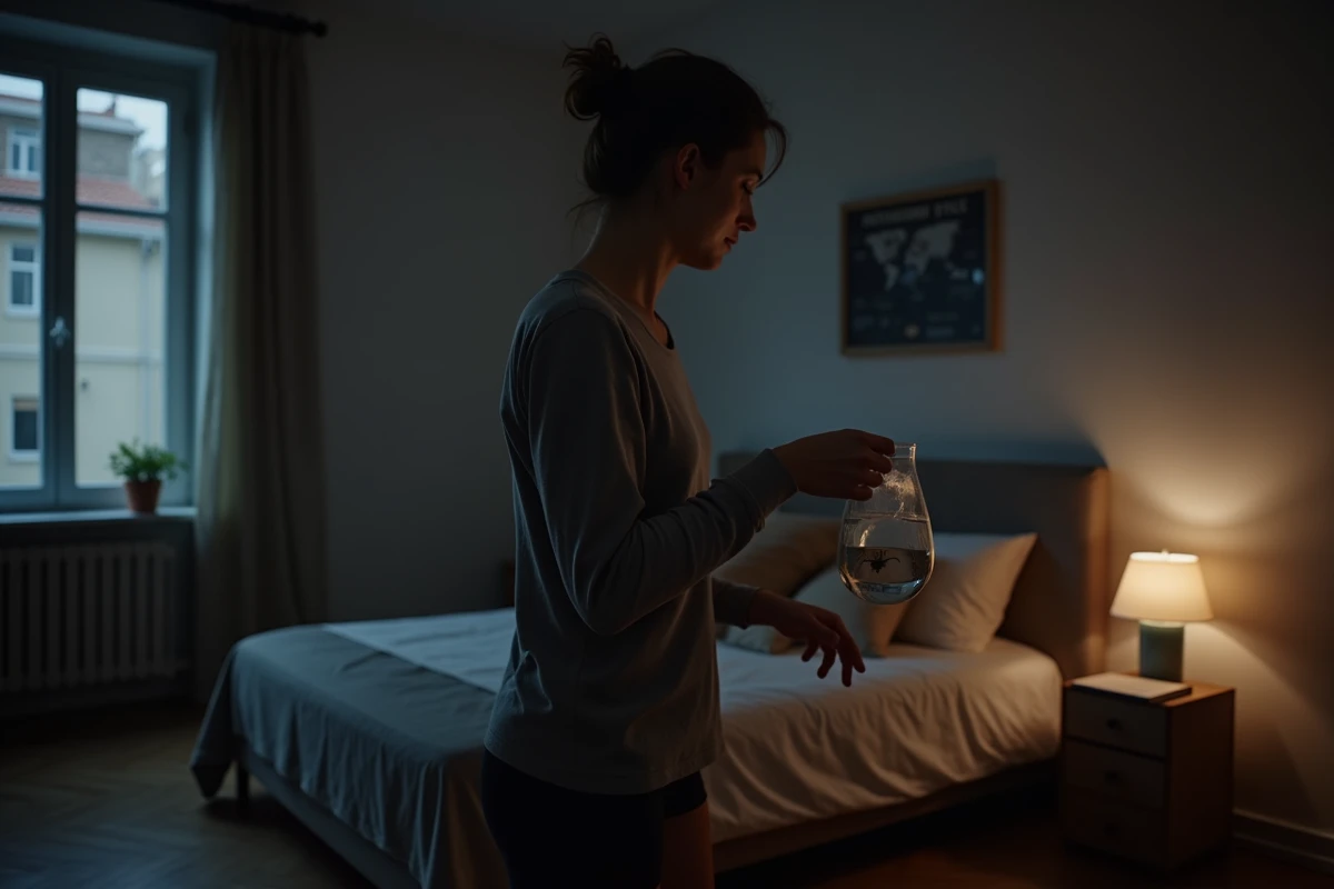 Personne attrapant une araignée dans sa chambre la nuit avec un verre