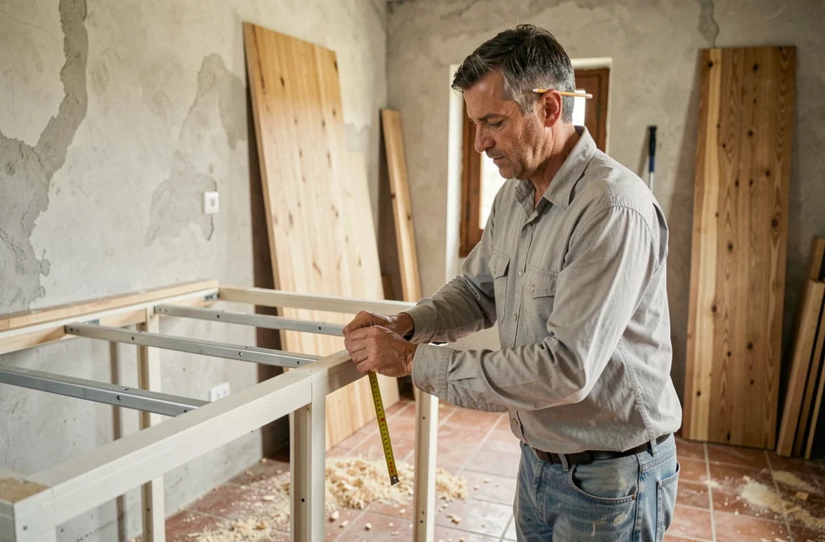 Artisan d'Axe Habitat mesurant un aménagement de cuisine sur mesure en cours de pose