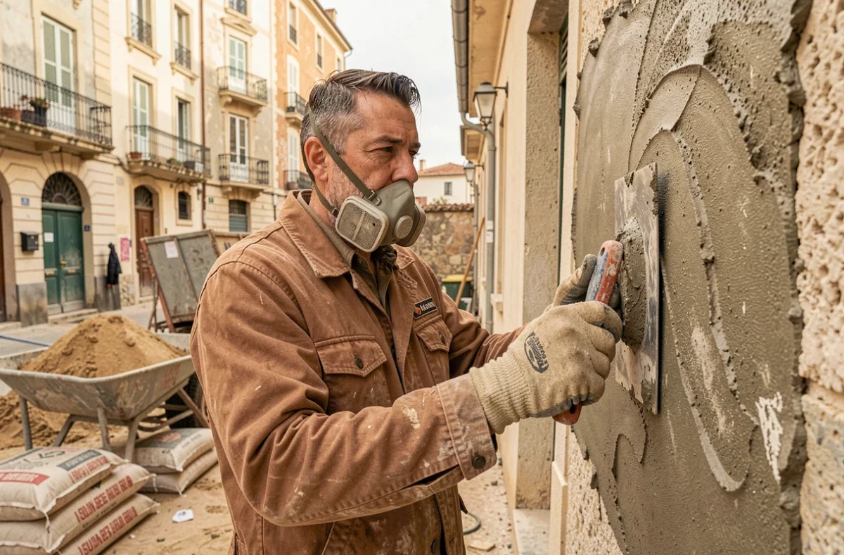 Ouvrier de Belaggoun Rénovation Côte d'Azur appliquant un enduit isolant sur un mur à Nice