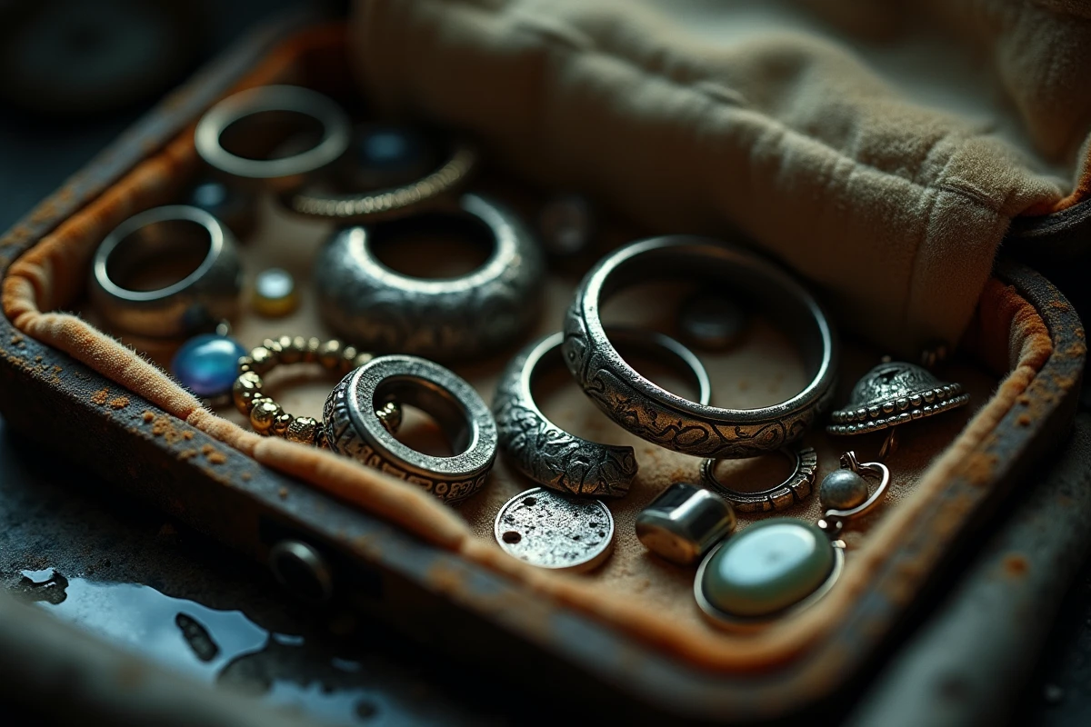 Gros plan sur des bijoux ternes et abîmés entassés dans une boîte à bijoux vintage au velours tâché d'humidité