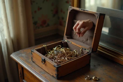 Boîte à bijoux vintage en bois ouverte sur une coiffeuse ancienne avec des bijoux emmêlés et ternes à l'intérieur