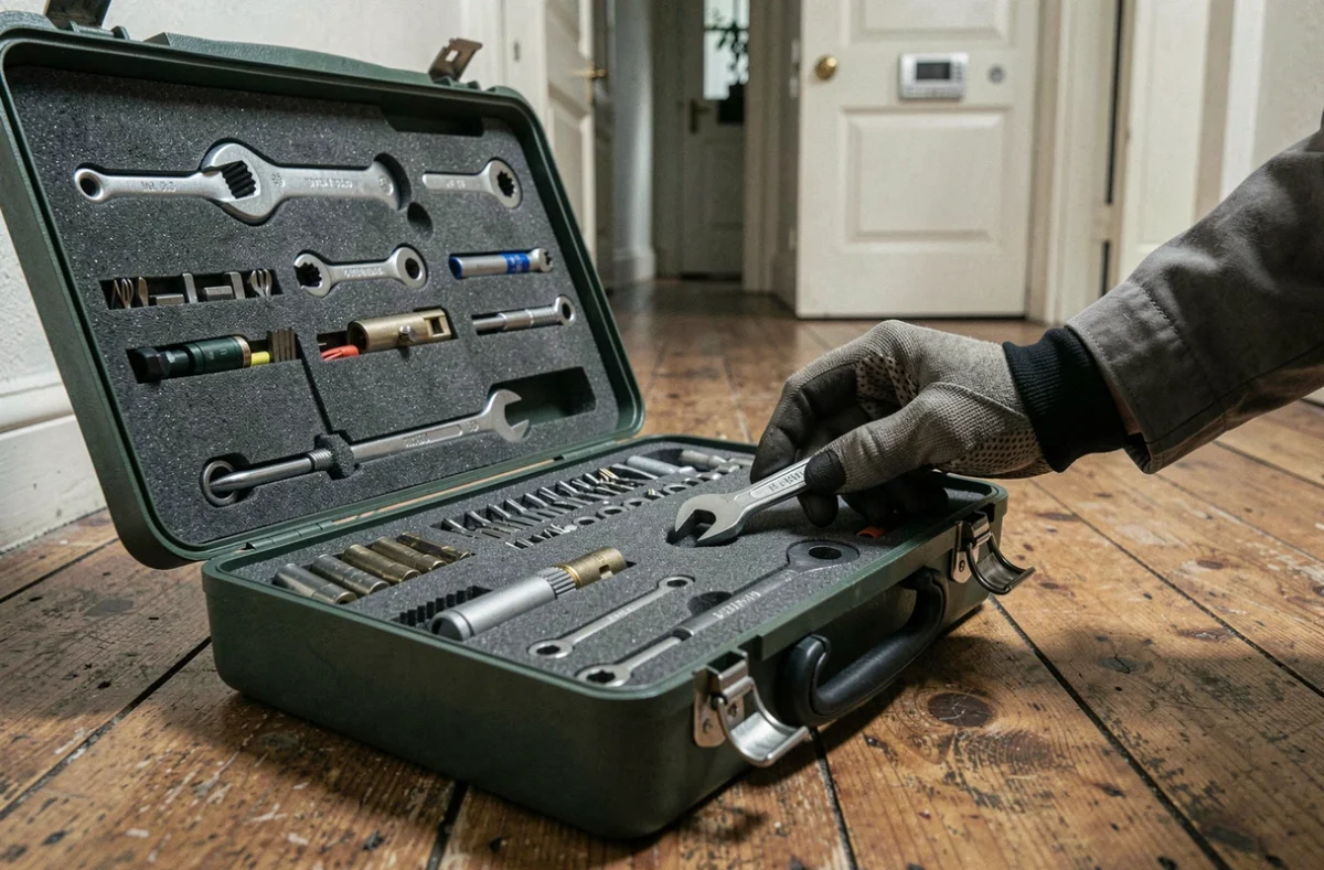 Boîte à outils d'un serrurier parisien ouverte dans un couloir d'immeuble lors d'une intervention d'urgence