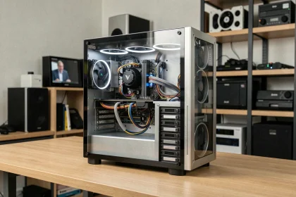 Boîtier PC en verre trempé ouvert sur un bureau en bois montrant la gestion du flux d'air et l'organisation des composants internes