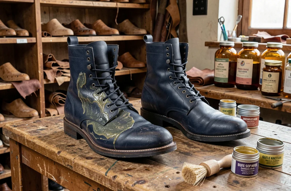 Deux bottes en cuir sur un établi de cordonnier, comparaison entre cuir graissé et cuir non traité selon la saison