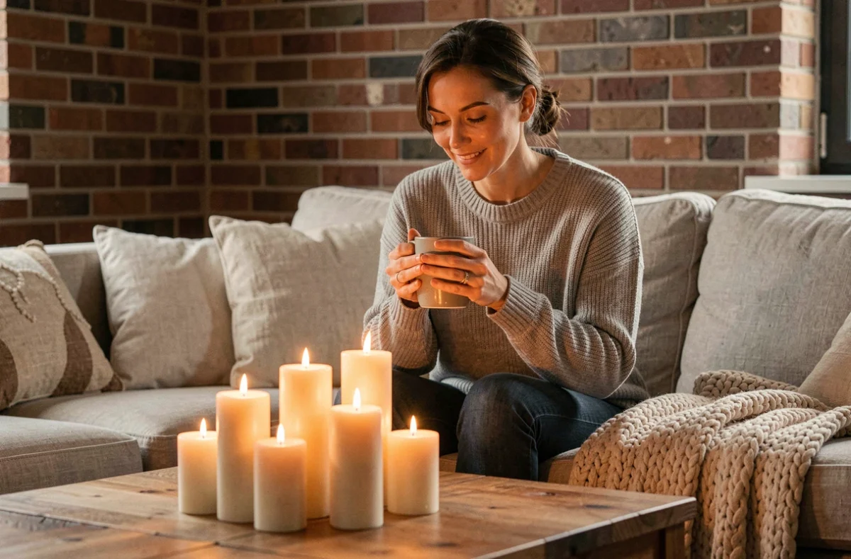 Femme dans un salon cosy avec des bougies classiques allumées sur une table basse en bois