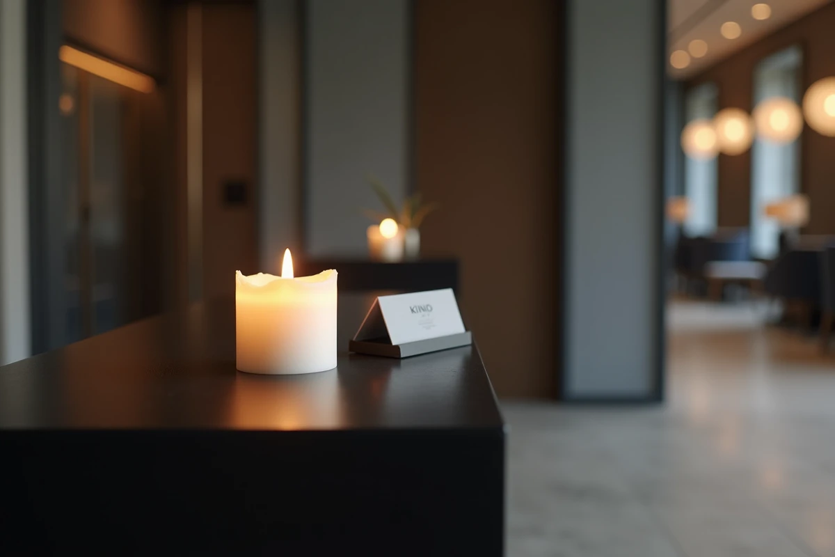 Gros plan d'une bougie à fausse flamme LED sur un bureau d'accueil en entreprise, ambiance professionnelle haut de gamme