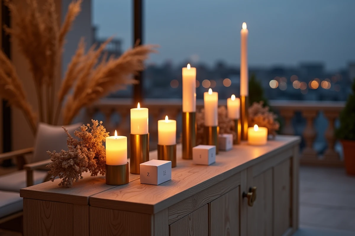 Présentoir de bougies à fausse flamme pour activation de marque lors d'un cocktail professionnel en extérieur au crépuscule