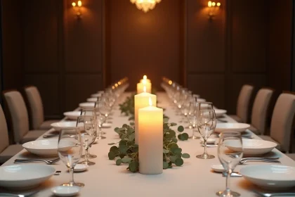 Bougies à fausse flamme LED sur table de gala corporate dans un hôtel élégant, décoration événementielle professionnelle