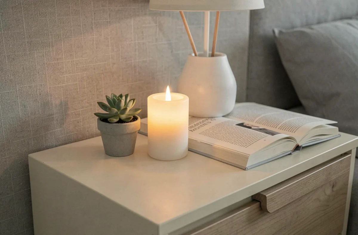 Bougie LED en cire sur une table de chevet dans une chambre moderne et minimaliste
