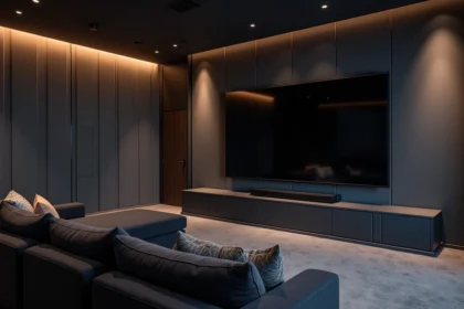 Salle de cinéma maison avec câbles cachés derrière des panneaux acoustiques et écran TV mural sans fils apparents