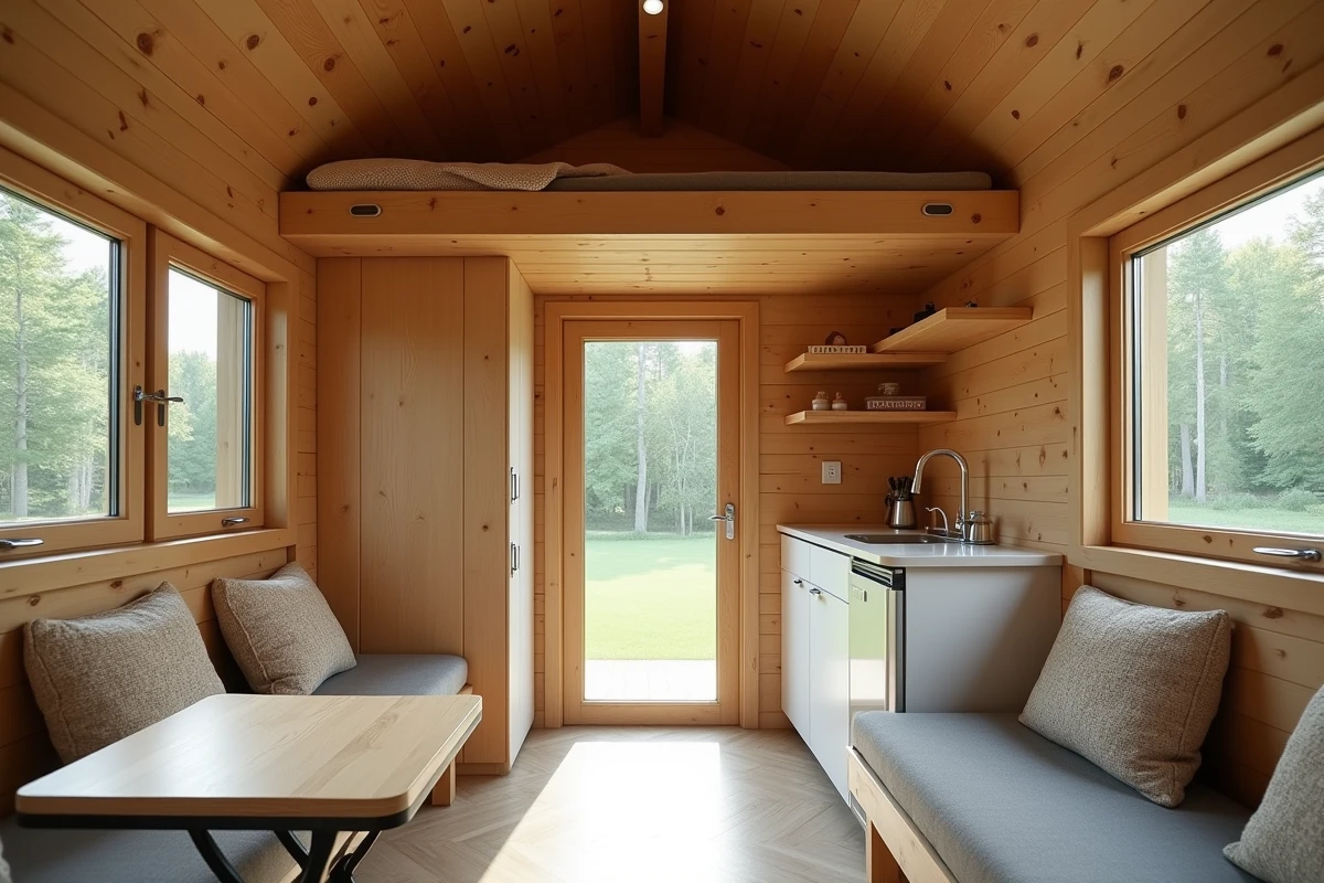 Intérieur aménagé d'un chalet bois 20m2 avec mezzanine, coin cuisine et espace de vie compact
