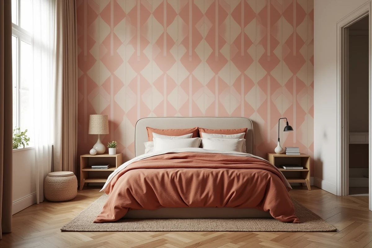Chambre adulte cocooning entièrement tapissée avec papier peint géométrique rose poudré bien posé, table à encoller encore visible après la rénovation réussie