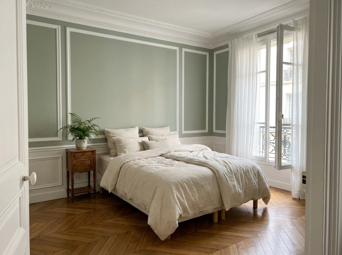 Chambre rénovée avec des murs en vert sauge peints avec précision par un professionnel, finition nette sur les moulures blanches