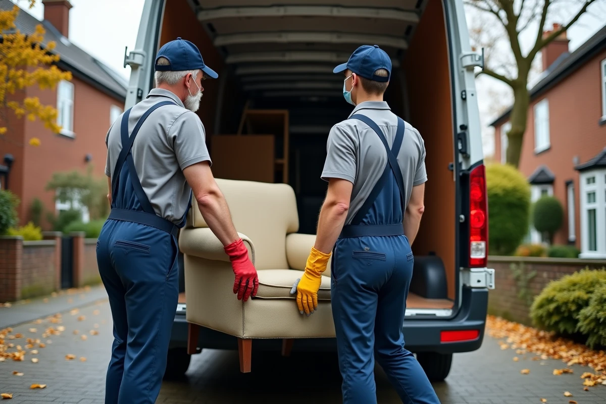 Deux déménageurs professionnels chargeant un fauteuil dans une camionnette