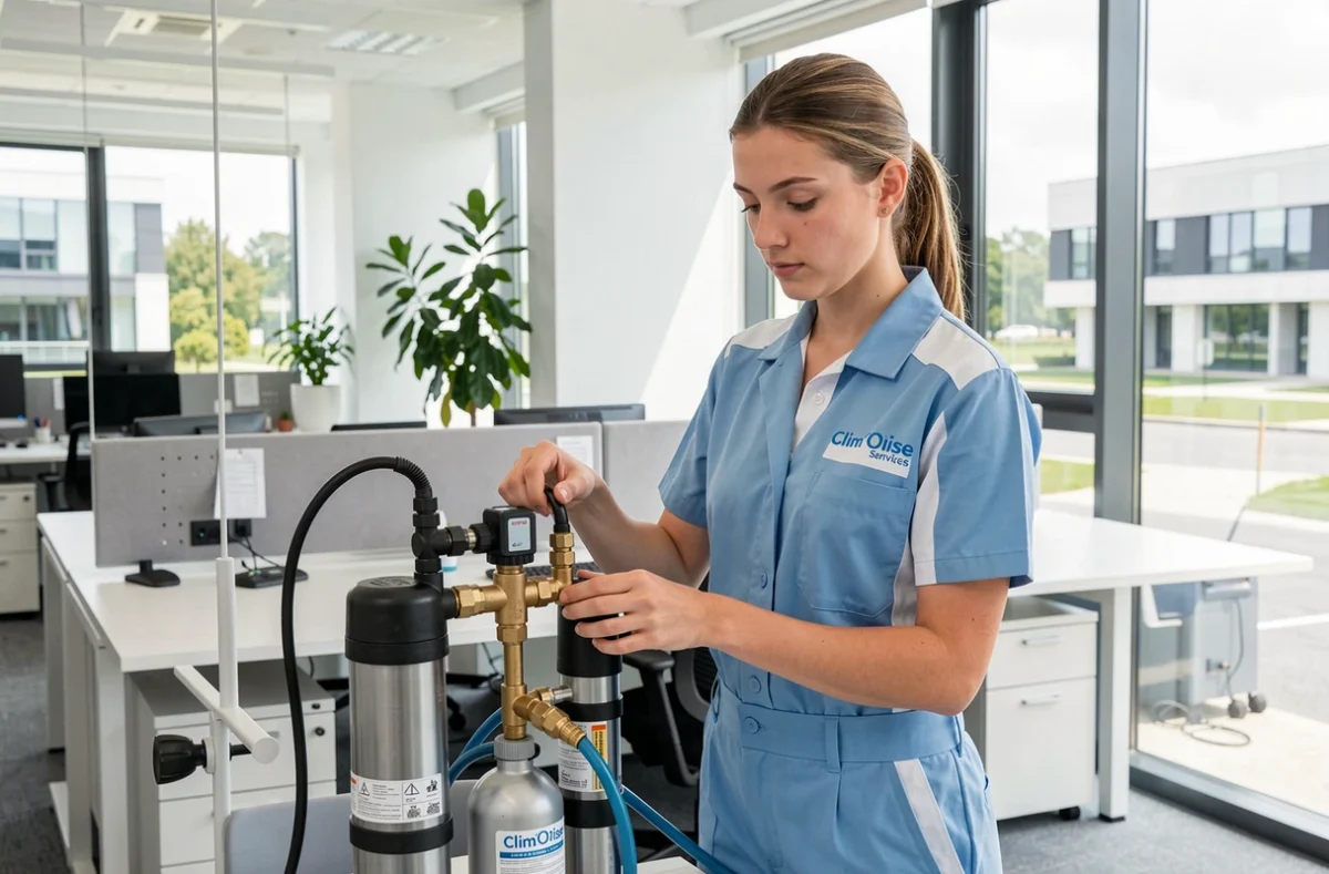 Technicienne Clim'Oise Services préparant un système de climatisation split dans un espace de bureau