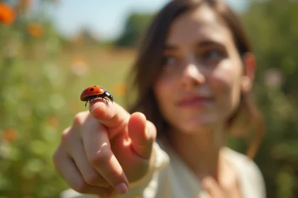 Coccinelle rouge posée sur le bout du doigt d'une femme dans un jardin verdoyant, symbolisant un signe spirituel pour les flammes jumelles