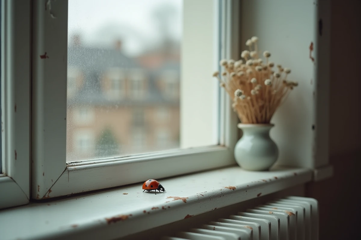 Coccinelle sur le rebord d'une fenêtre intérieure avec vue floue sur la rue, symbole d'un message spirituel et de liens d'âme
