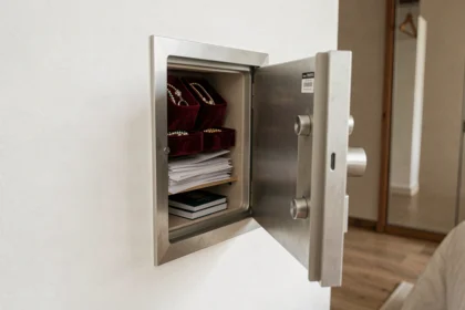 Coffre fort scellé dans un mur de chambre ouvert montrant bijoux et documents officiels organisés à l'intérieur