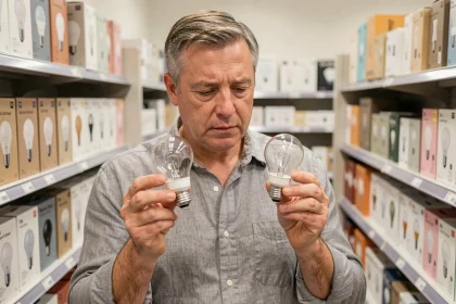 Homme comparant deux culots d'ampoules E27 et B22 dans un magasin de bricolage pour passer en éclairage LED