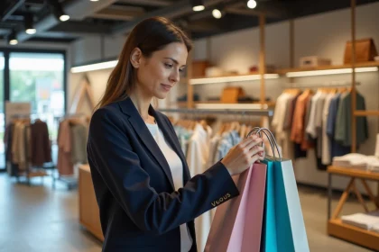 Femme comparant deux sacs de marques dans une boutique moderne, illustrant le choix entre marque haut de gamme et low cost