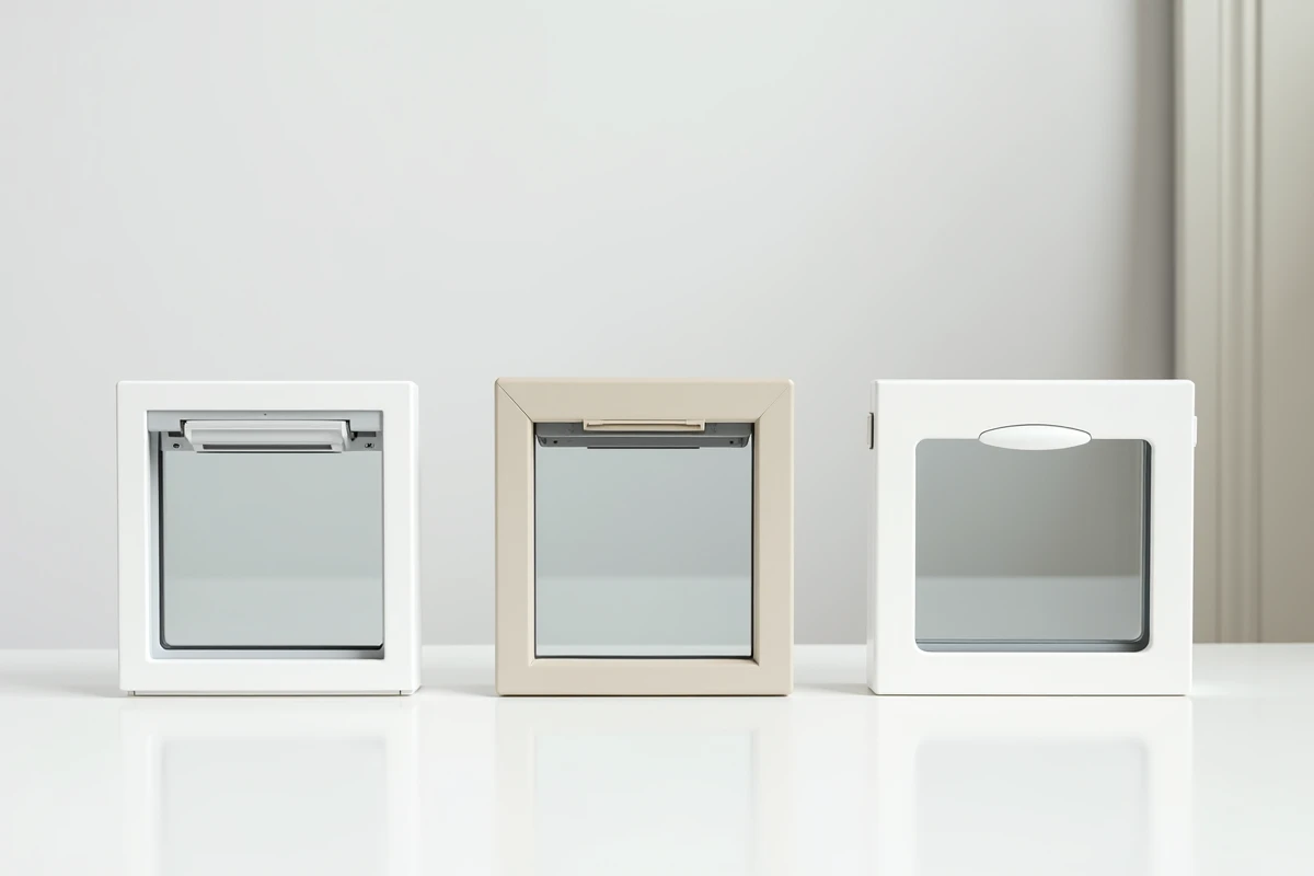 Comparaison de trois modèles de chatières pour porte PVC sur une table d'atelier
