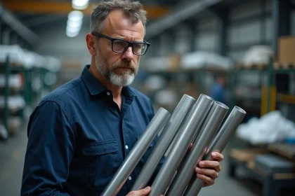 Ingénieur comparant plusieurs tubes en aluminium de diamètres différents dans un atelier industriel