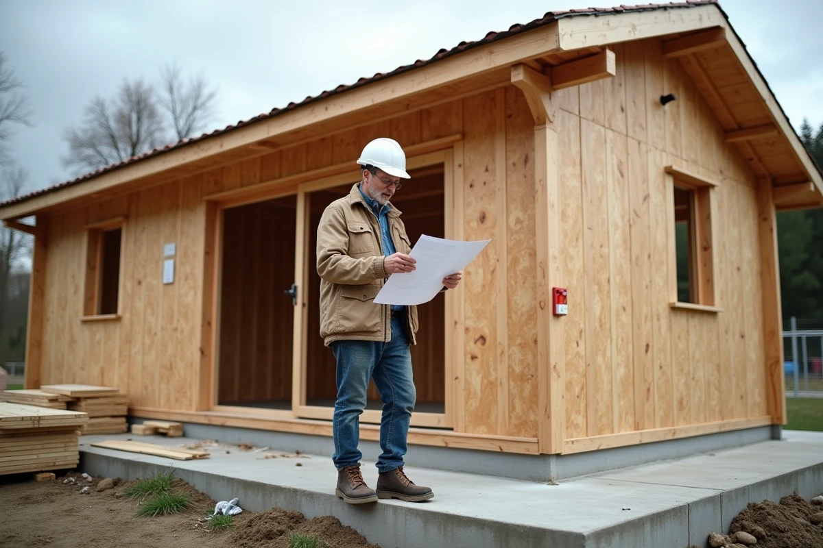 Charpentier consultant des plans lors de l'assemblage d'un chalet préfabriqué en bois de 20m2 sur dalle béton