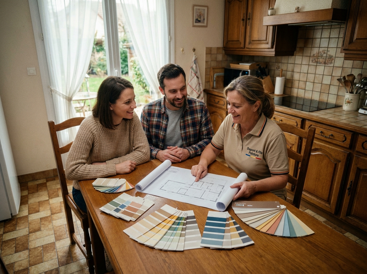 Couple de propriétaires discutant des couleurs de rénovation avec une peintre professionnelle autour d'échantillons de peinture