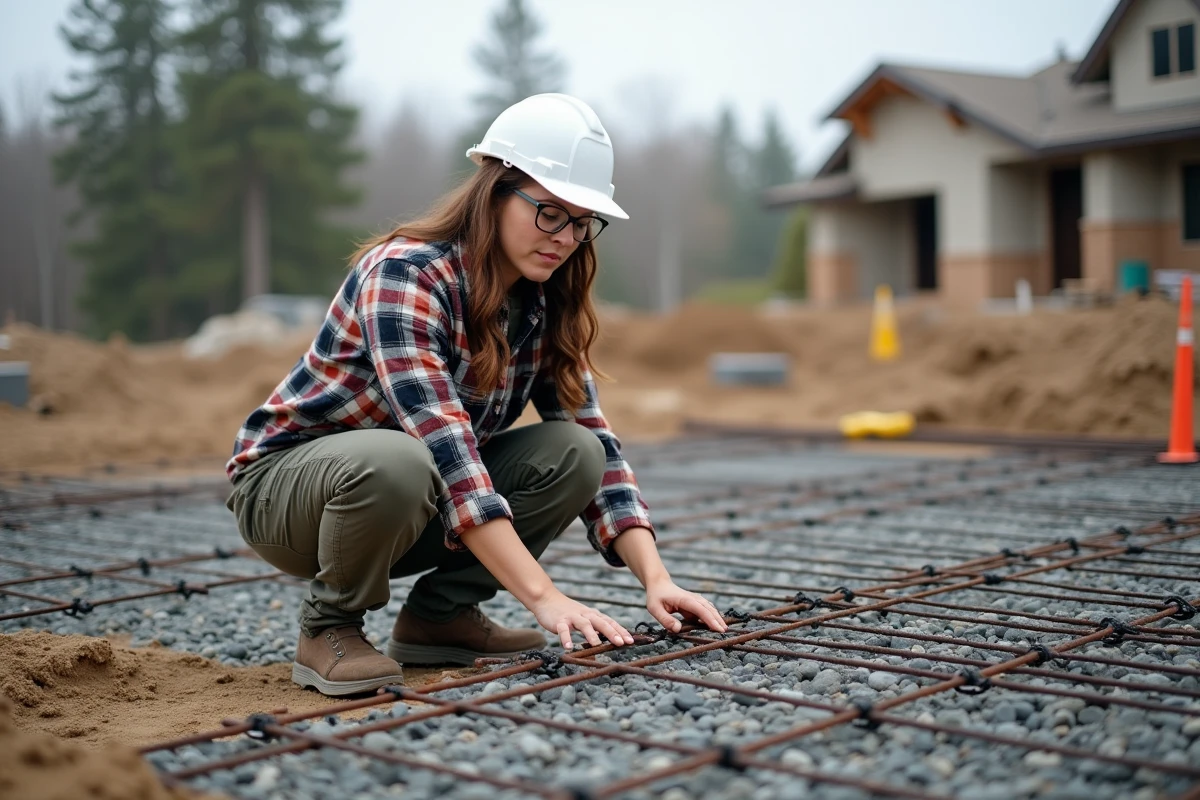 Femme inspectant une grille de fer avant beton