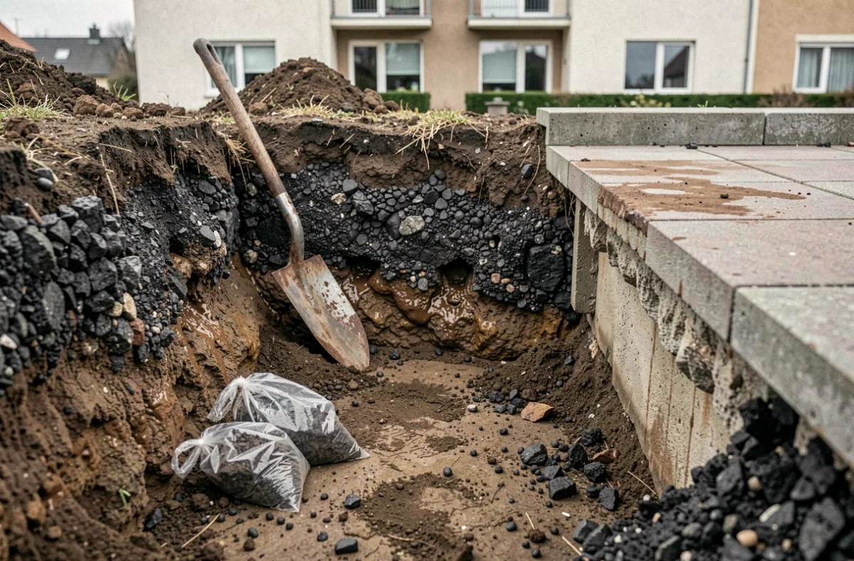Coupe transversale d'une couche de mâchefer excavée montrant des vides, un tassement et des traces de lixiviat