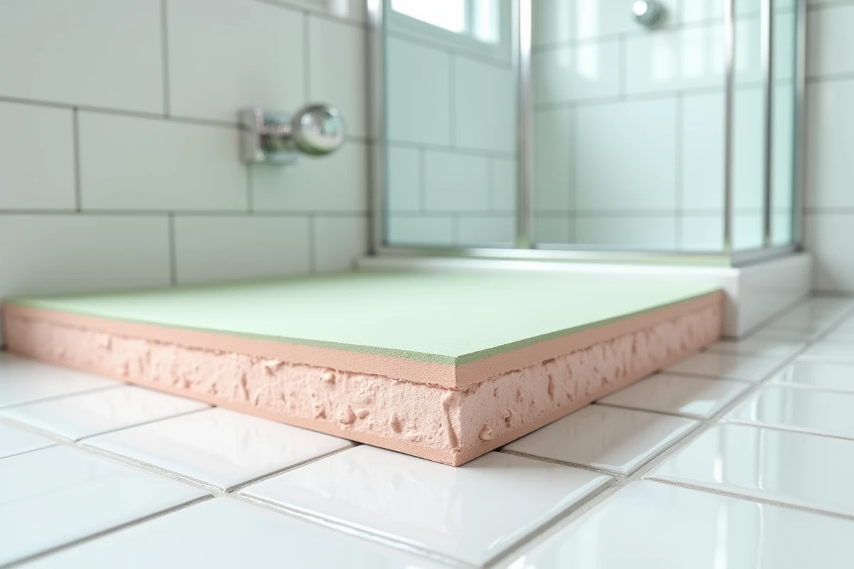 Coupe transversale d'une plaque de plâtre isolante et hydrofuge montrant ses couches thermiques pour salle de bains