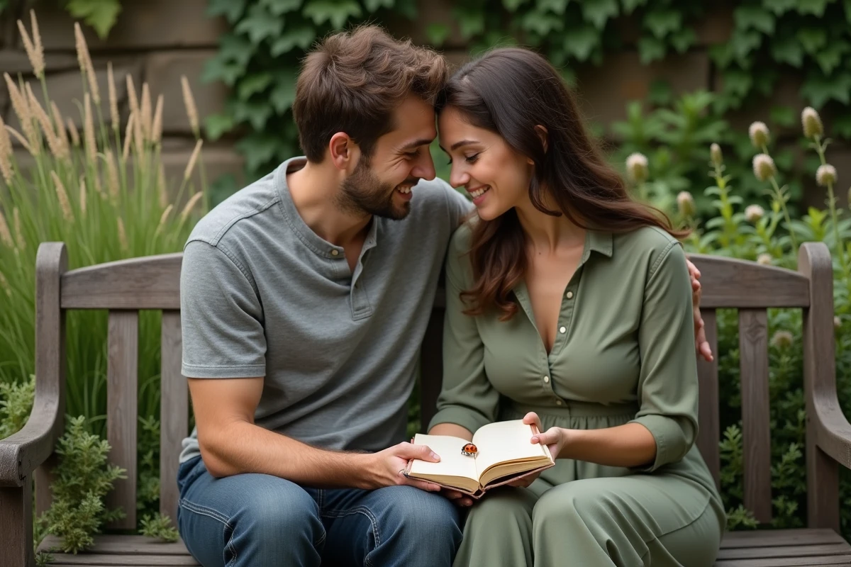 Couple regardant une coccinelle posée sur un carnet dans un jardin, illustrant le symbolisme des flammes jumelles et des liens d'âme